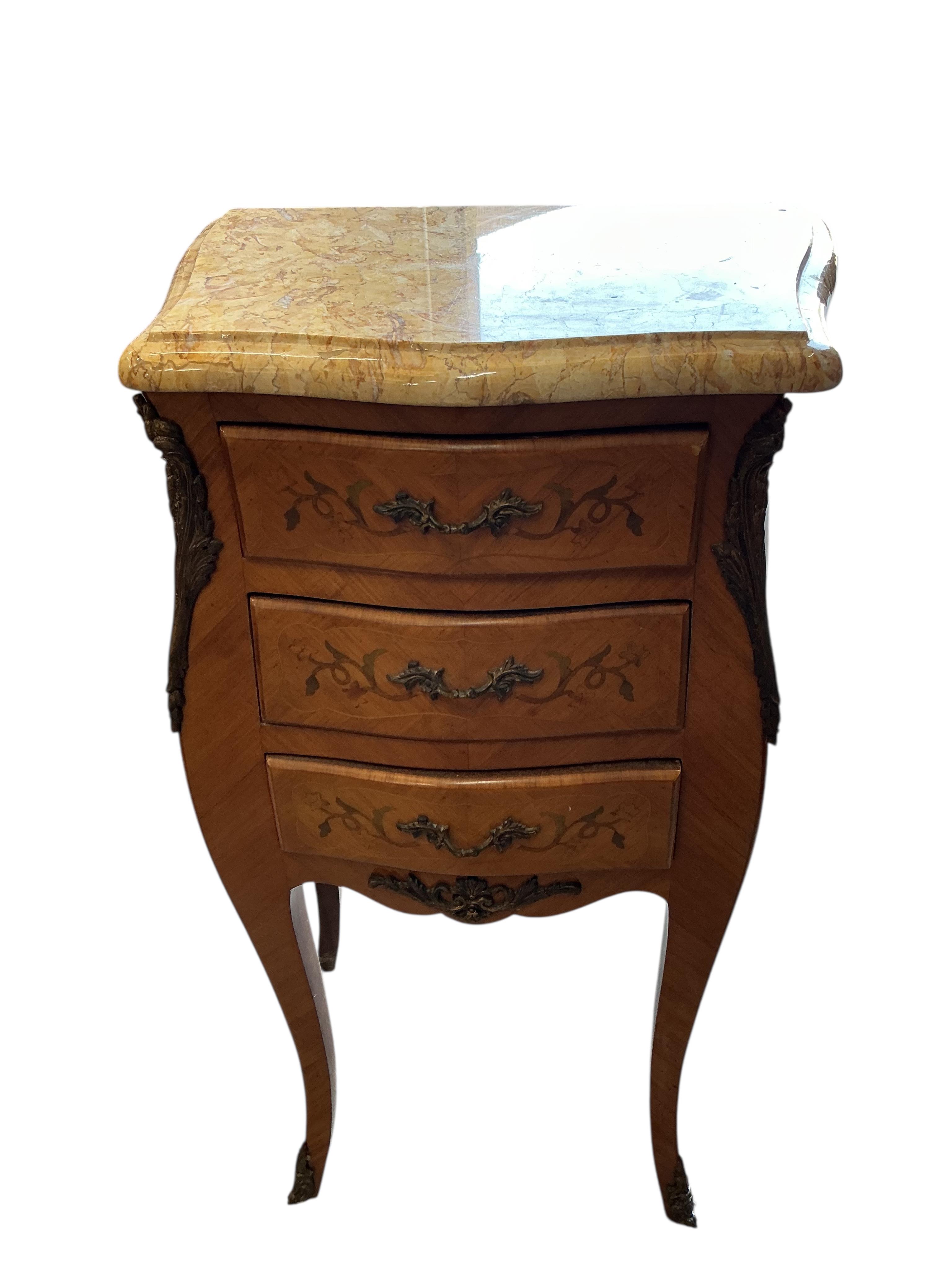 A pair of Louis XV style brass mounted bedside chests, width 42cm, depth 29cm, height 76cm